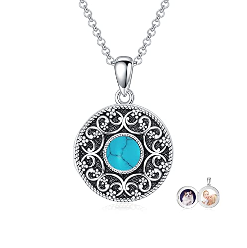 Round Locket Necklace 925 Sterling Silver Filigree/Flower Locket Necklace That Holds Pictures Birthday Christmas Jewelry Gifts for Women - color: 05-Turquoise Locket