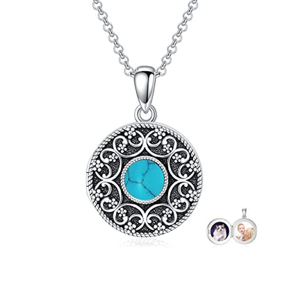 Round Locket Necklace 925 Sterling Silver Filigree/Flower Locket Necklace That Holds Pictures Birthday Christmas Jewelry Gifts for Women - color: 05-Turquoise Locket