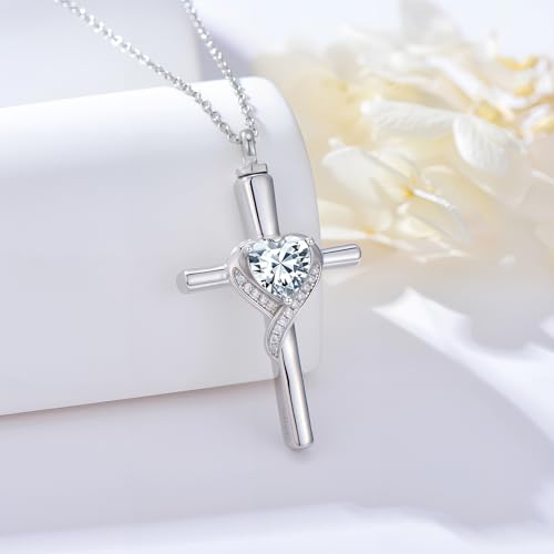 TOUPOP Cross Urn Necklaces for Ashes Birthstone Cremation Jewelry 925 Sterling Silver Cross Memorial Keepsake Funeral Jewelry for Women (with Funnel Filler) - color: 04-April-Synthetic Diamond