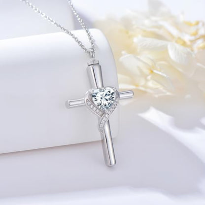 TOUPOP Cross Urn Necklaces for Ashes Birthstone Cremation Jewelry 925 Sterling Silver Cross Memorial Keepsake Funeral Jewelry for Women (with Funnel Filler) - color: 04-April-Synthetic Diamond