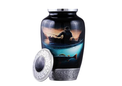 Large Fishing Cremation Urn for Human Ashes Adult – Handmade Funeral Urn for Men & Women, 200 Cubic Inch Memorial Urn, Decorative Burial Urn with Velvet Bag for Loved One.