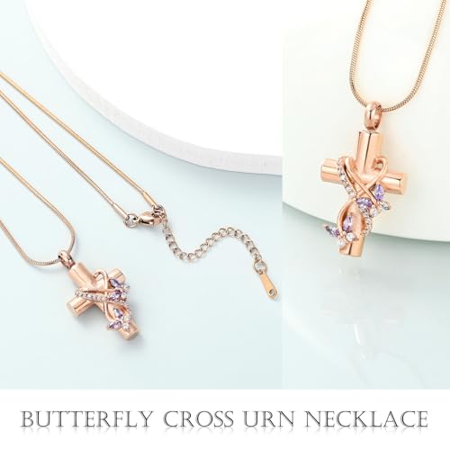Imrsanl Butterfly Cross Urn Necklace for Ashes Men Women Cremation Jewelry Ashes Pendant for Human Memorial Ash Jewelry - color: Rose Purple