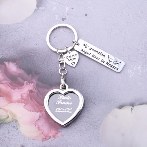 LQRI Sympathy Jewelry Loss of Mother Gift My Guardian Angel in Heaven I Call Her Mom Memorial Photo Frame Keychain