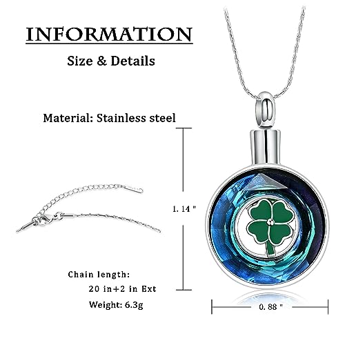 constantlife Cremation Jewelry Memorial Urn Necklace for Ashes Lucky Four-Leaf Clover Design Stainless Steel Pendant Keepsake - color: Z-Blue Crystal
