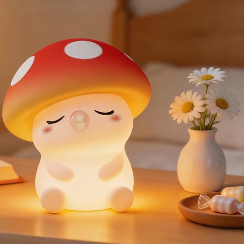 FAMIDUO Mushroom Night Light, Squishy Silicone Touch Bedside Nursery Lamp | Warm Glow, Safe BPA-free Silicone, 20-min Auto Sleep Timer, 2 Brightness,Kids Room Decor, Baby Shower Gifts for Girls Toddler - color: Mushroom Warm