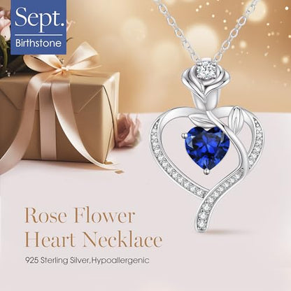 925 Sterling Silver Rose Love Heart Birthstone Necklaces for Women Jewelry | Hypoallergenic Nickel-Free & Lead-Free Pendant,Birthday Anniversary Christmas Gift for Women Wife Mom Girlfriend - color: White Gold-09-Sep