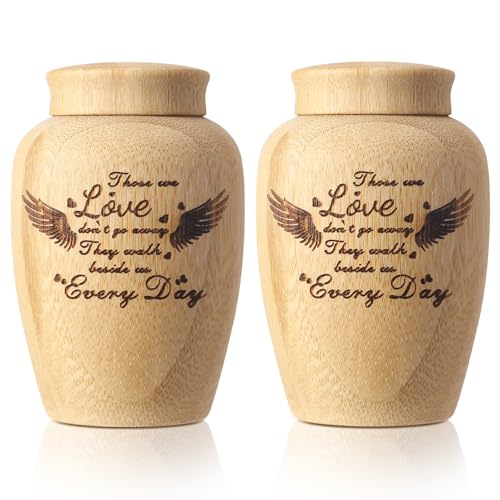 Tioncy 2 Sets Small Urns for Human Ashes 2.76 Inch Mini Bamboo Urn for Ashes Cremation Keepsake Memorial Human Pet Ashes Holder with Angel Wings Pattern Velvet Urn Bags for Women Men Pets Dog