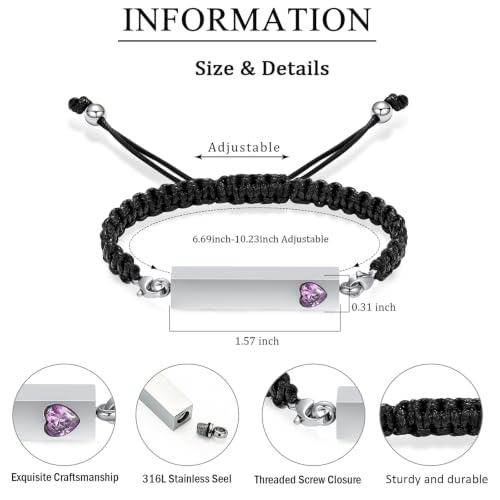zeqingjw Vertical Bar Urn Bracelet for Ashes for Women Men Stainless Steel Cremation Jewelry Braided Rope Adjustable Keepsake Bracelets of Loved Ones Ash Holder Memorial Gift - color: Silver-Purple