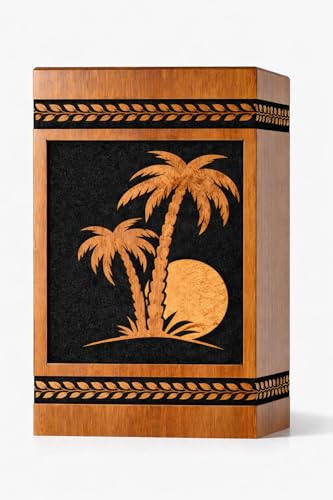 Urn with Tropical Palm Tree & Sunset Design – Decorative Cremation Urn for Ashes – Memorial Keepsake Box [Available urn Box in 5 Different Sizes] ((Full Size 14X7.5 600 Cubic INCHES))