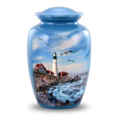 Lighthouse Urn - Full Size Portland Head Lighthouse Cremation Urn – Adult Urns for Men and Women – Ocean Blue Funeral and Memorial Urns for Human Ashes Upto 210 Lbs with Velvet Bag (Large)