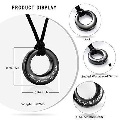 Hearbeingt Cremation Jewelry Urn Necklace for Ashes for Women Men, Circle of Life Eternity Memorial Pendant Ash Jewelry - color: Black-Always in My Heart