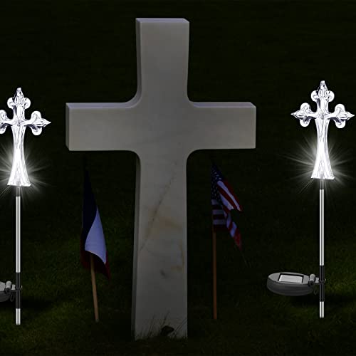 Riakrum 4 Pcs Solar Cross Lights Cemetery Memorial Stake 16 Inch,Cross | Waterproof Outdoor Garden Stake, Grave Decorations Religious Solar Powered, Cemetery Yard Memorial Markers