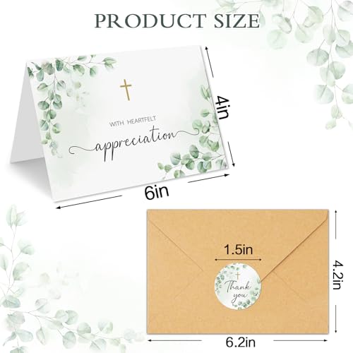 50 Funeral Thank You Cards with Envelopes, Eucalyptus Leaves Design | 4×6In, Sympathy Thank You Cards, Watercolor, Bereavement Thank You Cards,Message Inside for Funeral Family Friends Loved Ones - color: Light Green