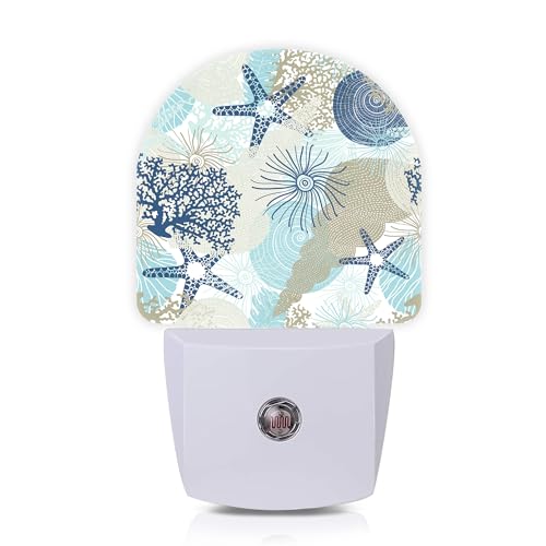 Corals Seashells Starfish Night Lights Plug into Wall for Girls Boys Room,Night Light LED Lamp Dusk to Dawn Sensor Round Lamp for Bedroom Bathroom Hallway Home Wall Decor Nightlight - color: Corals Seashells Starfish