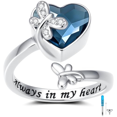 Swarovski Cremation Rings for Ashes for Women: Sterling Silver Adjustable Heart Urn Ring - Memorial Jewelry Hold Ashes of Loved Ones - color: Butterfly