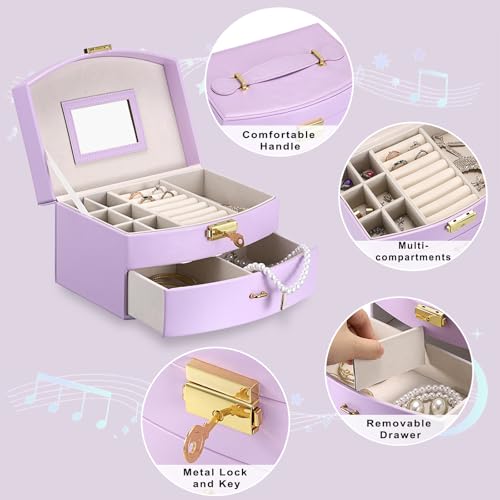 ELLDOO Musical Jewelry Box with Drawer, Purple Music Box Keepsake Box, Small Trinket Jewelry Storage Box Gift for Girls Women (Tune: You are My Sunshine) - color: Purple