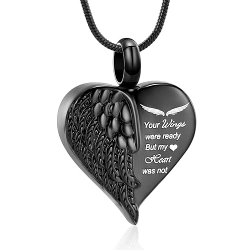 Love Heart Cremation Jewelry Urn Necklaces Wing Urn Necklaces for Ashes Memorial Keepsake Pendant for Women Men Gifts With Funnel Kit & Bag - color: Black
