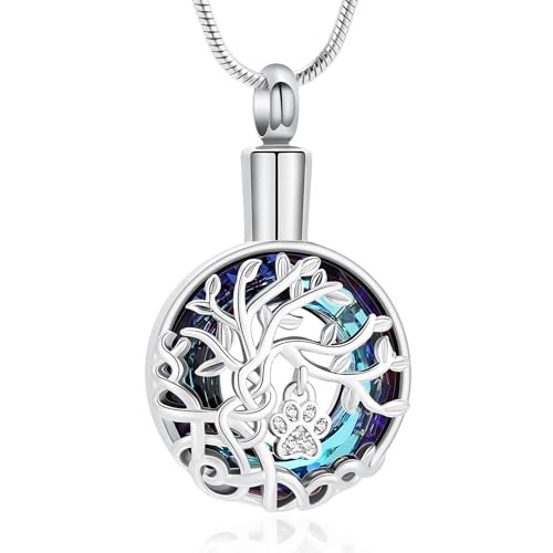 zeqingjw Pet Cremation Jewelry Tree of Life Urn Necklace for Ashes for Dog/Cat Funeral Ashes Keepsake Paw Print Urn Pendant Memorial Jewellery - color: Silver-Blue