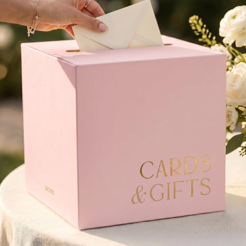 ZICOTO Elegant Wedding Card Box - Pink Gift Card Holder w/Gold Foil | Matches Your Party Reception Decorations - Sturdy and Easy to Assemble for Bridal Showers, Anniversaries and Graduations - color: Pink