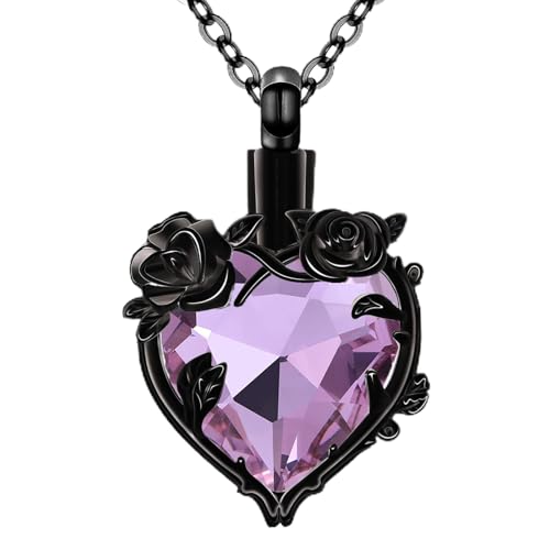 Heart Rose Flower Black Urn Necklaces for Ashes Cremation Jewelry for Women Human Ash Memorial Keepsake Pendant - color: Purple