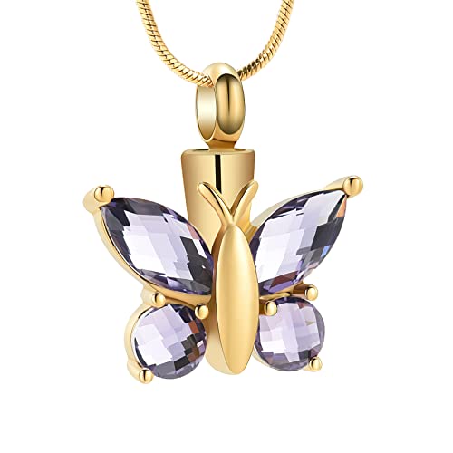 Butterfly Cremation Necklace for Ashes - Urn Neckalce for Ashes for Women Cremation Jewelry for Women - Ashes Keepsake Pendant Memorial Jewelry Gifts for A Loss of Loved Ones - color: Gold Purple