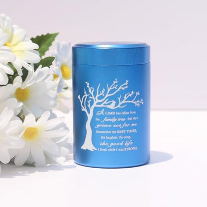 Small Urns for Ashes - Set of 4，2.7 inch Aluminium Mini Urns, Cremation Urns for Human Ashes, Ashes Holder, Small Keepsake urns-A Limb has Fallen from The Family Tree, Blue - size: Tree-Blue