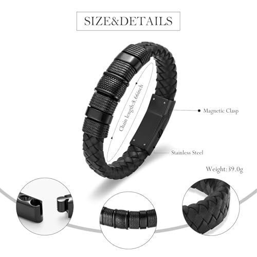 Cremation Jewelry Urn Bracelet for Ashes Men's Braided Genuine Leather Stainless Steel Memorial Cuff Bangle Braided Wristband Bracelet Keepsake Jewelry for Loved Ones with Fill Tool - color: A-Black 22cm