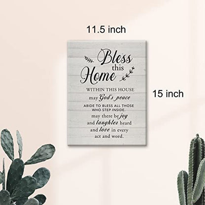 New Home Religious Wall Art Bless This Home Canvas Print with Inspirational Quote Framed Artwork Painting for Rustic Wall & Tabletop Decor Housewarming Gifts