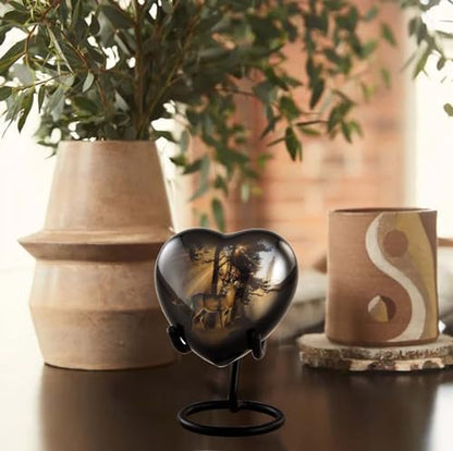 Gone Hunting Deer Heart Keepsake Urn with Sunrays – Majestic Buck Sharing Urn – Handcrafted Mini Memorial Cremation Urn for Human Ashes with Display Stand & Velvet Box (Heart Keepsake) - size: Heart Keepsake