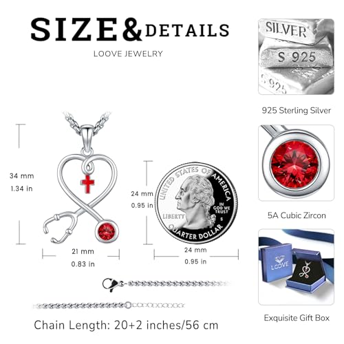 Angel Wings Necklace 925 Sterling Silver Guardian Angel Nurse RN Caduceus Pendant Charm Crystal Angel Jewelry Gifts for Women - style: H-Stethoscope-01-Jan.-Garnet