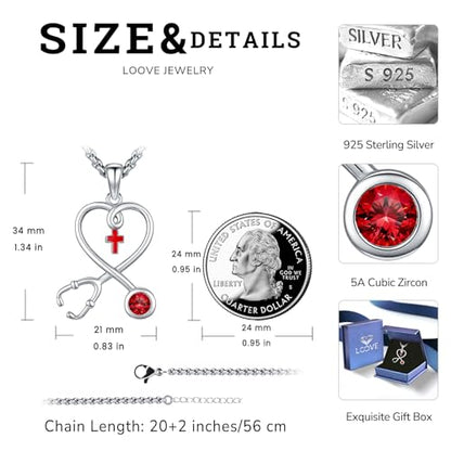 Angel Wings Necklace 925 Sterling Silver Guardian Angel Nurse RN Caduceus Pendant Charm Crystal Angel Jewelry Gifts for Women - style: H-Stethoscope-01-Jan.-Garnet