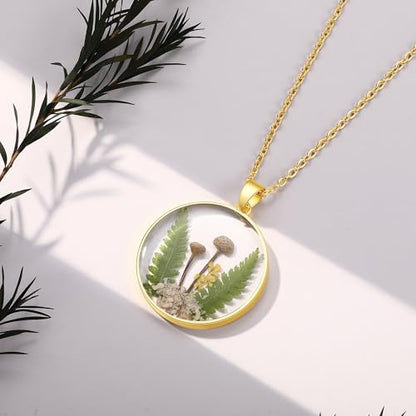 AUNTESIGN Forget-Me-Not and Queen Anne's Lace Pressed Wildflower Necklace | Birth Month Flowers Necklace | Gold/Silver Pressed Flower Jewelry | Mother's Day | Gift For Her - color: Mushroom Necklace