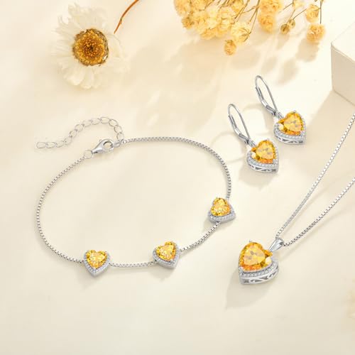 925 Sterling Silver Halo Heart Necklace for Women | Lwsary Love Heart Necklace, Heart Cut Birthstone Jewelry for Her - color: Yellow