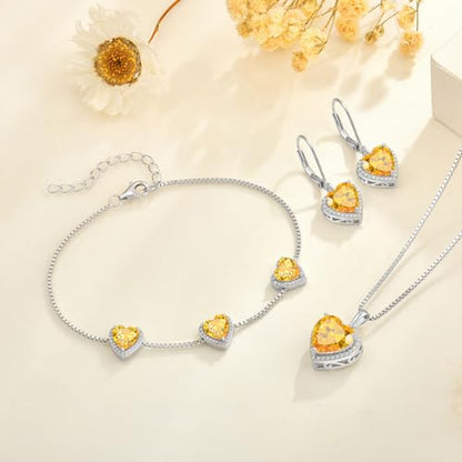 925 Sterling Silver Halo Heart Necklace for Women | Lwsary Love Heart Necklace, Heart Cut Birthstone Jewelry for Her - color: Yellow