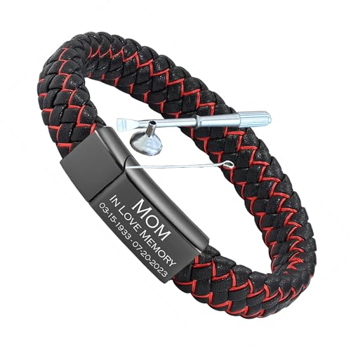 Personalized Cremation Jewelry Urn Bracelet for Ashes - Women Men Memorial Braided Blue & Black Leather Cuff Bangle with Engraving