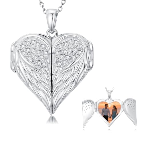 Dorunmo Personalized Heart Locket Necklace That Holds 2 Picture 925 Sterling Silver Custom Lockets Pendant Memorial Jewelry Gifts for Mom Sisters - color: Angel Wings, style: Non-Personalized