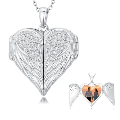 Dorunmo Personalized Heart Locket Necklace That Holds 2 Picture 925 Sterling Silver Custom Lockets Pendant Memorial Jewelry Gifts for Mom Sisters - color: Angel Wings, style: Personalized-Photo