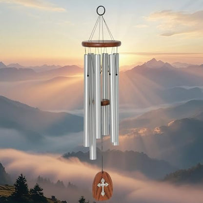 Woodstock Chimes Cross Wind Chime for Outside, Garden, Patio, Porch and Outdoor Decor (25'') Silver Amazing Grace Medium (AGMCR)