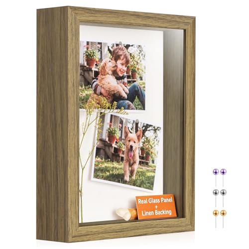 6x8 Small Shadow Box Frame with Ultra-Clear Glass & Soft Linen Back | With Push Pins and Stand, Deep 1.2" Brown Shadow Box Display Case – Display on Tabletop or Wall for Photo, Flower, Keepsakes - color: Brown+high Definition Panel + Shatter-proof Packagi