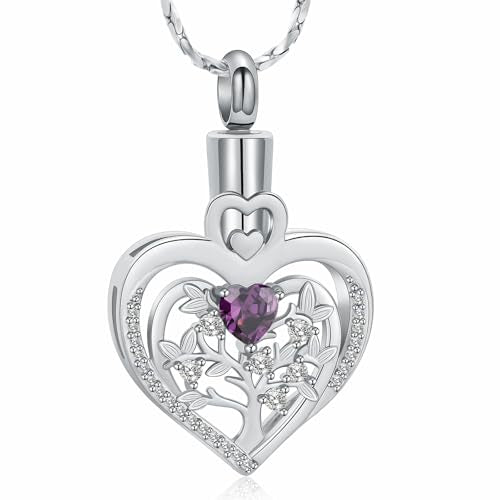 Imrsanl Tree of Life Heart Urn Necklace for Ashes Loved Ones Keepsake Cremation Jewelry Funeral Memorial Ashes Holder Pendant for Women - color: Silver-Purple