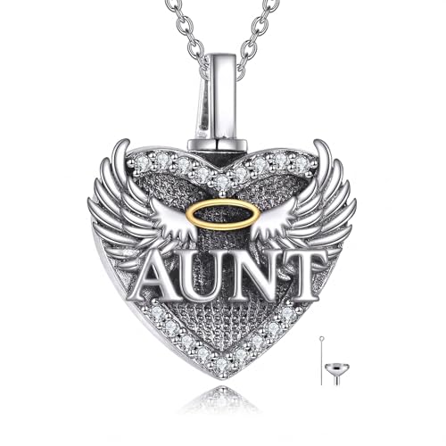 Family Members Urn Necklace for Ashes 925 Sterling Silver Angel Wings Heart Cremation Memorial Keepsake Pendant Jewelry for Loved One's Ashes, with 18" + 2" Stainless Steel Chain - style: Heart-Aunt