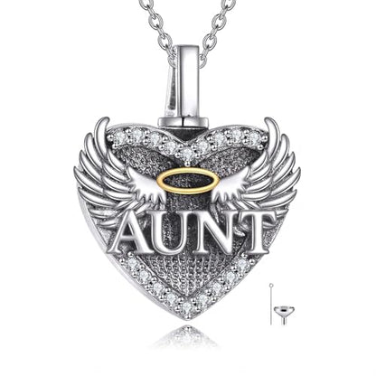 Family Members Urn Necklace for Ashes 925 Sterling Silver Angel Wings Heart Cremation Memorial Keepsake Pendant Jewelry for Loved One's Ashes, with 18" + 2" Stainless Steel Chain - style: Heart-Aunt