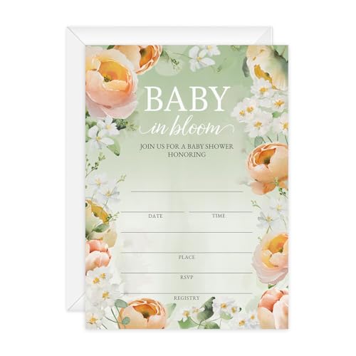 Canopy Street Baby In Bloom Baby Shower Invitations / 25 Floral Gender Neutral Baby Shower Invites With White Envelopes / 5" x 7" Flat Fill In Gender Reveal Invitation Cards/Made In The USA - color: Baby in Bloom