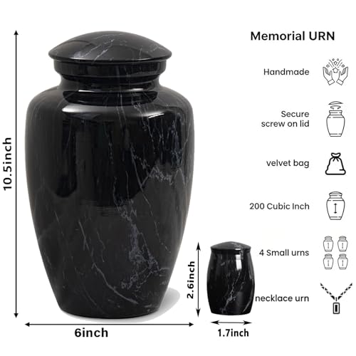 Black Marble Finish Cremation Urn Set for Human Ashes Adult - size: Large,Set Black Marble