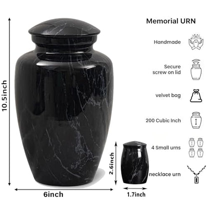 Black Marble Finish Cremation Urn Set for Human Ashes Adult - size: Large,Set Black Marble