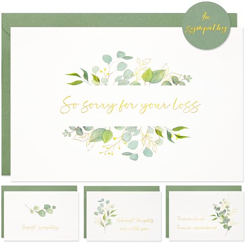 Crisky 4 Pack Greenery Gold Foil Sympathy Cards with Envelopes Sealed 4 Assortment Condolence/Bereavement Cards - color: Greenery, size: 4 Pieces