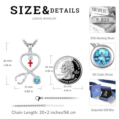 Angel Wings Necklace 925 Sterling Silver Guardian Angel Nurse RN Caduceus Pendant Charm Crystal Angel Jewelry Gifts for Women - style: H-Stethoscope-03-Mar.-Aquamarine