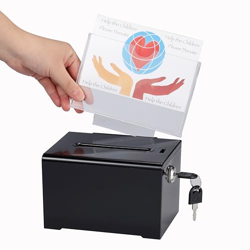Adir Suggestion Box with Slot and Lock – Acrylic Donation Box for Fundraising, Drawing Box for Raffle, Funraiser Box, Tip Box with Lock - 6.25x4.5x 4 Inches voting box with slot and Sign Holder - color: Black