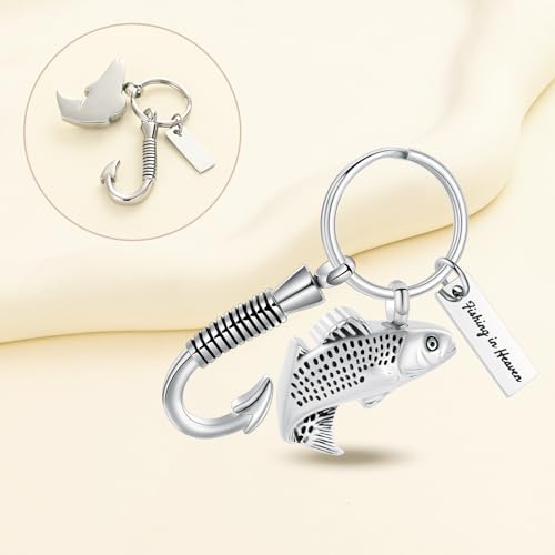 Oinsi Fishing Hook Urn Necklace for Ashes Fish Cremation Jewelry Memorial Ashes Keepsake Stainless Steel Urn Keychain for Men-Silver