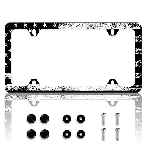 Vintage Black White American Flag License Plate Frame Patriotic Personalise Stainless Steel Funny Design Compatible with Standard License Plate Holder for USA and Canada 6 X 12 with Screws | Screws Included，2-Hole ，6x12 Inch，Anti-Rust，Rattle-Proof ，Weathe